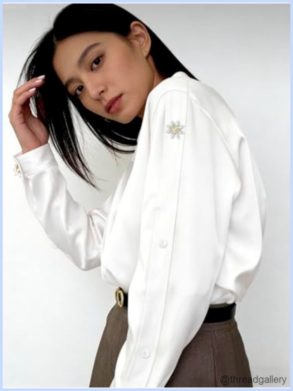 Elegant Satin Blouse Pearl Flower Embellishments Long Sleeve Button Down - Picture 4 of 6